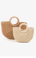Half-round handbag made of woven grass with a beachy style