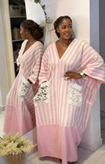 Women Striped Loose Kaftan Dress Lace Pocket V Neck Long Maxi Abaya - Image 7