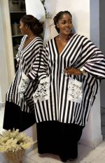 Women Striped Loose Kaftan Dress Lace Pocket V Neck Long Maxi Abaya - Image 6