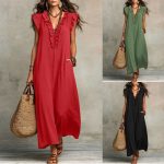 Wooden ear flying sleeve dress casual loose V-neck vacation dress long dress
