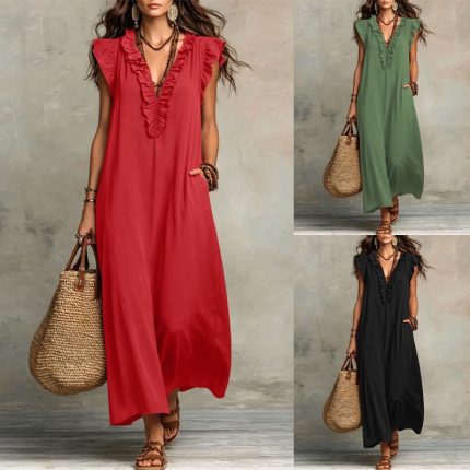 Wooden ear flying sleeve dress casual loose V-neck vacation dress long dress