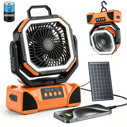 Portable 40000mAh Solar Fan with LED Lantern, Rechargeable Battery Operated Tent Fan, Oscillating Brushless for Outdoor