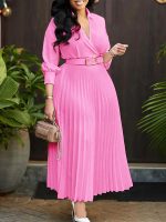 Fashioned collar long sleeve high waist temperament pleated dress
