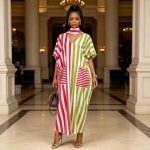 African women's striped V-neck loose and slim vacation style dress