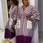 Women Striped Loose Kaftan Dress Lace Pocket V Neck Long Maxi Abaya