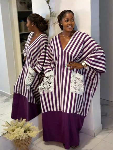 Women Striped Loose Kaftan Dress Lace Pocket V Neck Long Maxi Abaya
