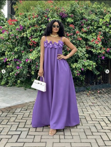 French three-dimensional flower shoulder strap long dress