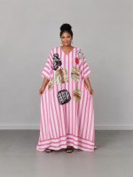 Striped Patchwork Women Kaftan Maxi Dress - Image 2