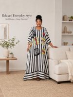 Striped Patchwork Women Kaftan Maxi Dress - Image 3
