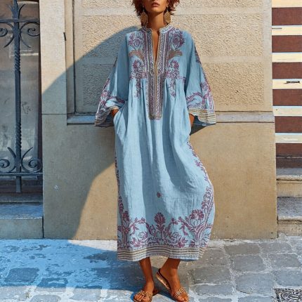Bohemian Printed V Neck Loose Maxi Dress