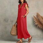 Wooden ear flying sleeve dress casual loose V-neck vacation dress long dress - Image 3
