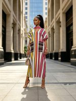 African women's striped V-neck loose and slim vacation style dress - Image 3