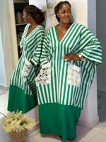Women Striped Loose Kaftan Dress Lace Pocket V Neck Long Maxi Abaya - Image 4