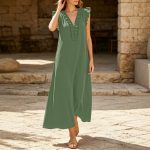 Wooden ear flying sleeve dress casual loose V-neck vacation dress long dress - Image 2