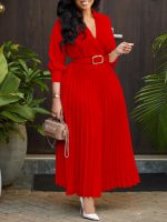 Fashioned collar long sleeve high waist temperament pleated dress - Image 3