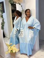 Women Striped Loose Kaftan Dress Lace Pocket V Neck Long Maxi Abaya - Image 3