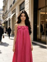 French three-dimensional flower shoulder strap long dress - Image 3