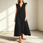 Wooden ear flying sleeve dress casual loose V-neck vacation dress long dress - Image 4