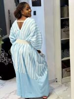 Women Striped Loose Kaftan Dress Lace Pocket V Neck Long Maxi Abaya - Image 2