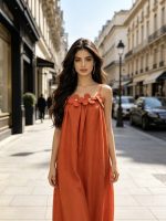 French three-dimensional flower shoulder strap long dress - Image 4