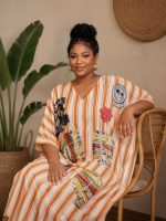 Striped Patchwork Women Kaftan Maxi Dress