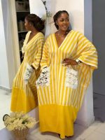 Women Striped Loose Kaftan Dress Lace Pocket V Neck Long Maxi Abaya - Image 5